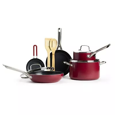 Red Volcano Textured Ceramic Nonstick 10 Piece Cookware Pots And Pans Set Wit... • $47