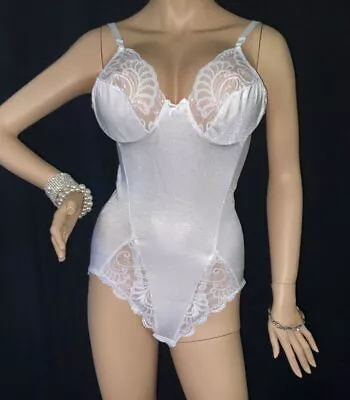 Vintage All In One Girdle BODYSUIT Nylon Lycra Snowy WHITE Shapewear 36B • $29.99