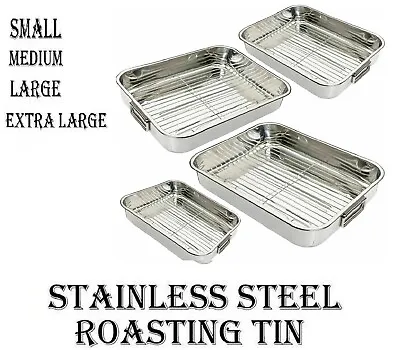 Stainless Steel Roasting Deep Tray Oven Pan Grill Dish Meat Rack Baking Roaster • £16.49