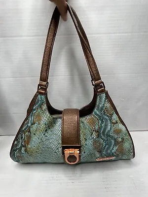 La Gioe Di Toscana Italian Leather Shoulder Bag Purse Turquoise Brown Snake Look • $48.75