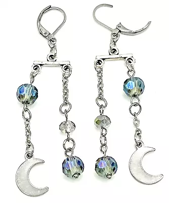 Aurora Borealis Czech Glass & Crescent Moon Leverback Chandelier Dangle Earrings • $9.95