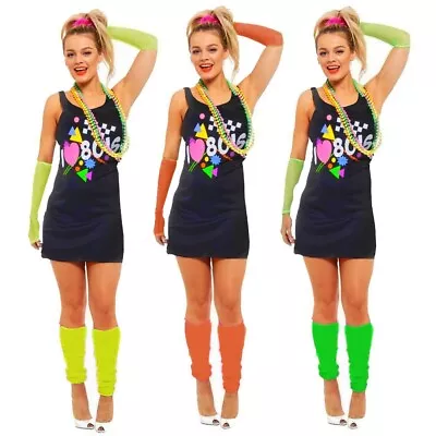 Ladies Neon 80s Dress 1980s Festival Fancy Dress Costume Neon Complete Outfit  • £14.99