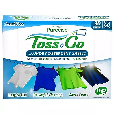 Purecise Toss & Go Laundry Detergent Sheets-Eco-Friendly Unscented Upto 60 Loads • $14.95