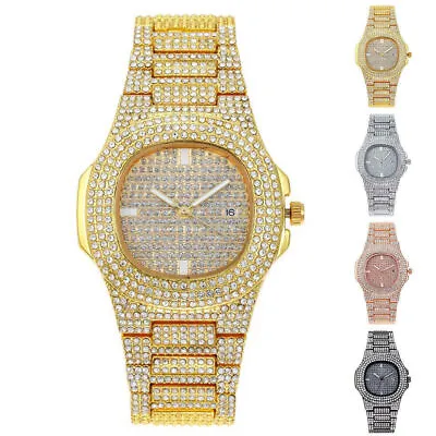 Unisex Men Hip Hop Bling Full Diamond Rhinestone Quartz Watch Wrist Watches UK • £7.43