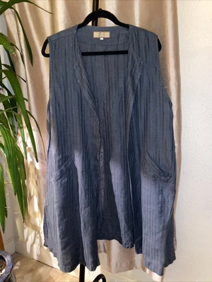 £25 • Buy The Linen Press Grey Blue Linen Long Lwaistcoat Sleeveless Jacket Size XXL 20/22