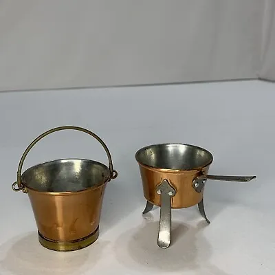 Vtg Mini Copper Bucket & Footed Kettle Detailed Mini Heavy Pilgrim Doll House • $19.95