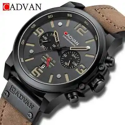 Cadvan Leather Strap Mens Watch Waterproof Chronograph Wristwatch Quartz Casual  • £24.99