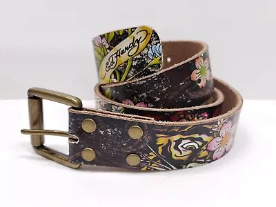 Ed Hardy Christian Audigier Leather Brass Belt LARGE 32-36  Floral Tiger  • $22.99