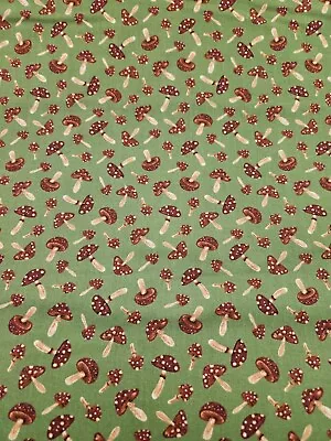 Brown Earthy Spotted Mushrooms On Green Fabric Dark Forest BTY • $9.99