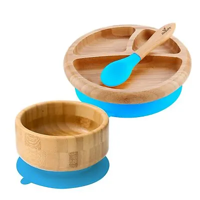 3Pcs Baby Weaning Set Bamboo Baby Feeding Set Suction Bowl Spoon Plate Non-Toxic • £16.99