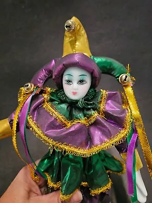 VINTAGE 15” Harlequin Mardi Gras Jester Clown Porcelain Doll Purple & Gold • $18