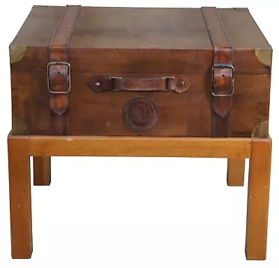 1994 Leather Steamer Trunk Coffee Side Table On Pine Stand Side Accent 25  • $532
