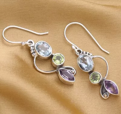 925 Silver Multi Gemstone Natural Stone Dangle Hook Vintage Earrings UK Stock • £3.99