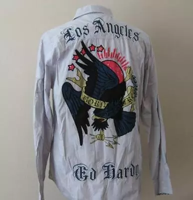 ED HARDY Mens Eagle Born Free Los Angeles Gray L/s Button Front Dress Shirt NEW • $36