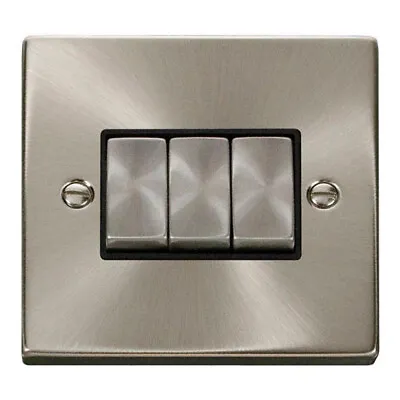 Click Deco  3 Gang 2 Way Plate Light Switch In Satin Chrome Black Insert • £12.90