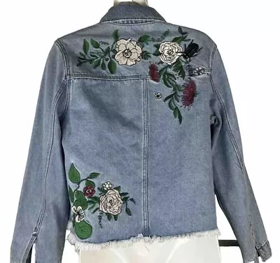 H&M Coachella Embroidered Pre-washed Blue Denim Fringe Jacket Women 8 Worn Twice • $15