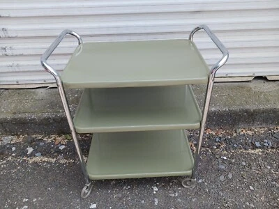 $135 • Buy Vintage MCM Costco Avocado Green 3 Tier Shelf Chrome Handled Metal Utility Cart 