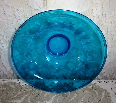 Venetian Blue Glass Wheel Etched Morning Glory And Daisy 10 Inch Fruit Bowl • $32.99