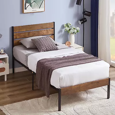 Platform Twin Bed Frame With Rustic Vintage Wood Headboard And Footboard Mattre • $138.99