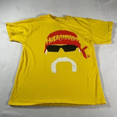 WWE Hulkamania Shirt Womens Large Yellow Tee Graphic Face Mustache T Hulk Hogan • $15.99