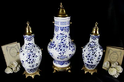 Holland Delft Blue White Pottery Birds Floral Vases Urns Mantel Set 1950's  • $665