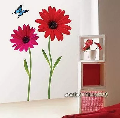 LARGE RED DAISY FLOWERS Wall Stickers PREMIUM PVC Girls Room Art Decals Lounge • £8.08