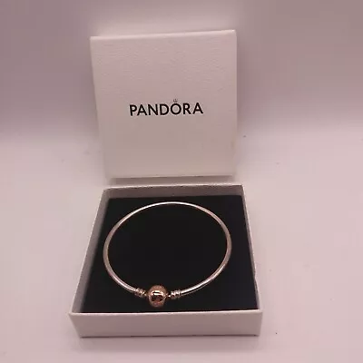 Pandora Logo Ball Clasp Bangle Silver & Rose Gold  H16 • £21