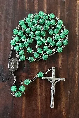 Vintage 23.5” Green Beaded Catholic Rosary; Made In Italy  • $9.99