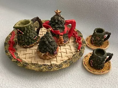 Miniature Mini Tea Set Christmas Holiday Tree Design 10 Piece Hand Painted Resin • $17.99