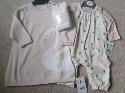 Baby Girl BNWT Mothercare Dungarees Bodysuit Dress Set Outfit Newborn/3-6m Swan • £10.99