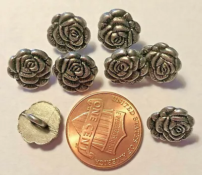 8 Small Antiqued Silver Tone Metal Shank Buttons 7/16  11mm Rose Flower 9546 • $5.99