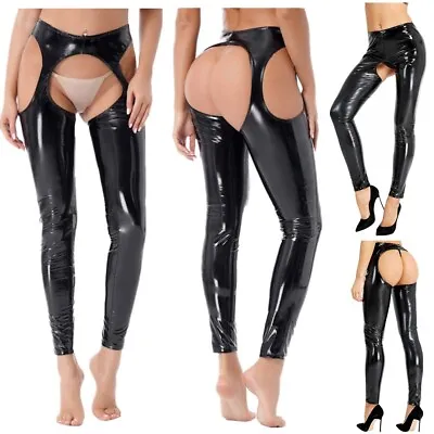 US Womens Ladies PVC Leather Wet Look Leggings Lingerie Open Crotch Skinny Pants • $14.71