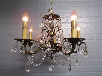 Vintage Spanish Brass Chandelier 5 Light Restored Crystal Prisms 32 L • $795