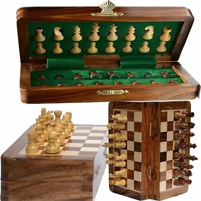 $34.83 • Buy Vintage Wooden Chess Set Wood Board Hand Carved Crafted Pieces Folding Game 10