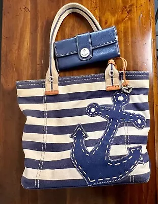 VTG Brighton Chatham Navy&White Stripe Handbag W/Anchor Canvas Tote W/Wallet  • $75.99