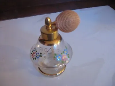 Vintage PERFUME BOTTLE Hand Painted Clear Glass W/Atomizer Gold Trim 4  Tall VGC • $12