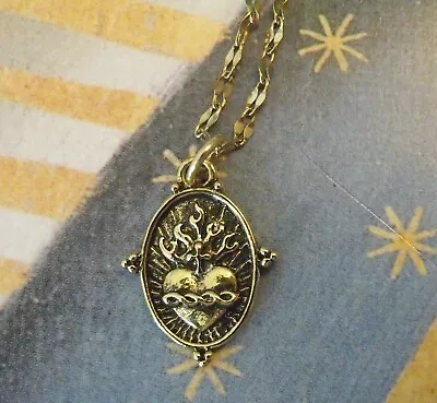 New Immaculate Heart Mary Antique Gold MEDAL NECKLACE 18 Inch Diamond Cut Chain • $10.99