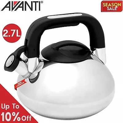 New AVANTI Stove Top Whistling Kettle 2.7 Litres Polish Silver Induction Kitchen • $32.99
