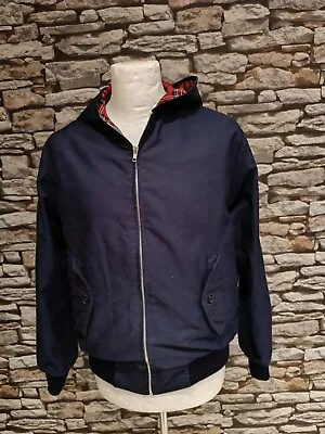 Navy Harrington Jacket Rare Hooded Version Tartan Lining Made In UK Size S • £13.95