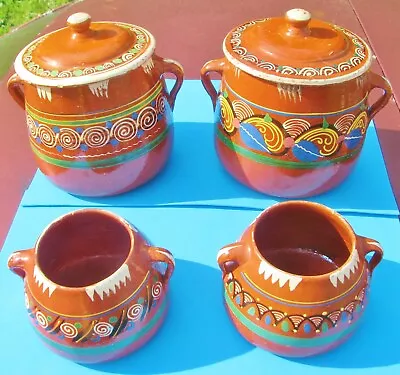 4 Set Vtg 1940s Tlaquepaque Mexico Glazed Bean Pot Redware Terra Cotta Pottery • $125