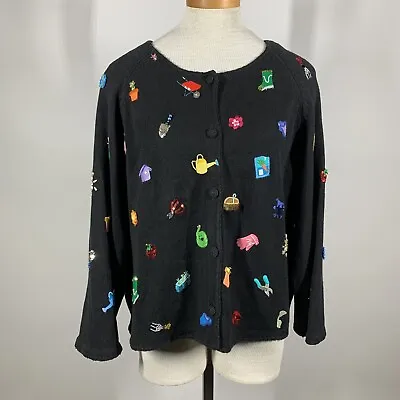 VTG Y2K 2000 Michael Simon Black Cardigan Sweater Gardening Theme Sz XL • $59.97