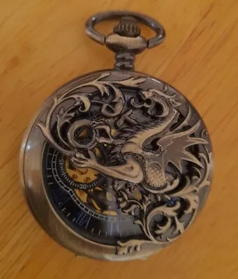 TREEWETO Mechanical Pocket Watch Dream Dragon Skeleton Half Hunter Bronze Ex  • £20