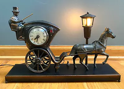Vintage United Metal Goods Horse Drawn Carriage Lamp Light Mantel Clock Works • $110