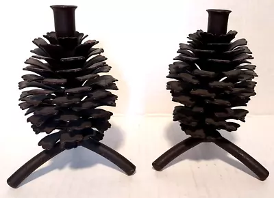 2 Metal Pine Cone Candle Holders Brown 4.5  Tall - Hold Mini Taper Candles • $18.85