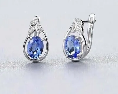 Lab Created Blue Tanzanite 3.00Ct Oval Cut Hoop Earrings White Gold Plated • $86.40