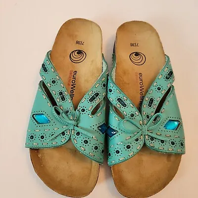$19.99 • Buy EuroWellness Balance Slide In Sandals Sz 7/38 Turquoise Be-Jewelled Cork Footbed