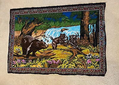 Vintage Velvet Velour Tapestry Black Bear Family At Stream Great Condition • $35