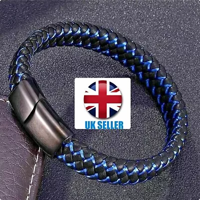 Men Leather Brown/Blue/White/Red Bracelet Stainless Steel Magnetic Clasp Gift UK • £6.99