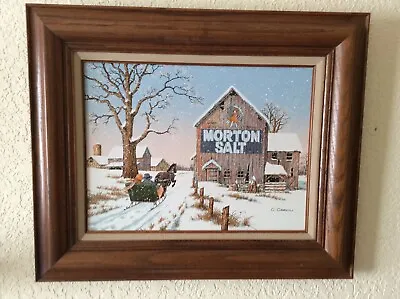 Unique C Carson Vintage Framed Canvas Painting Morton Salt BarnSleigh 19” X 22” • $60
