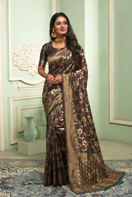 $52.25 • Buy Bollywood Party Wear Brown Silk Saree Indian Designer Wedding Sari With Blouse